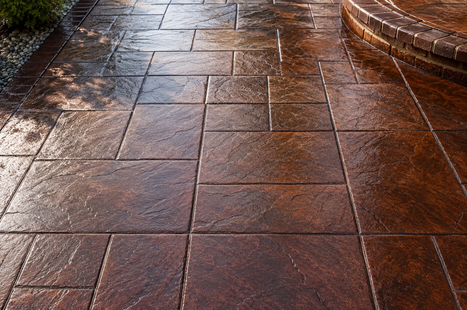 Ashler stone stamped concrete with deck post bracket Portland OR