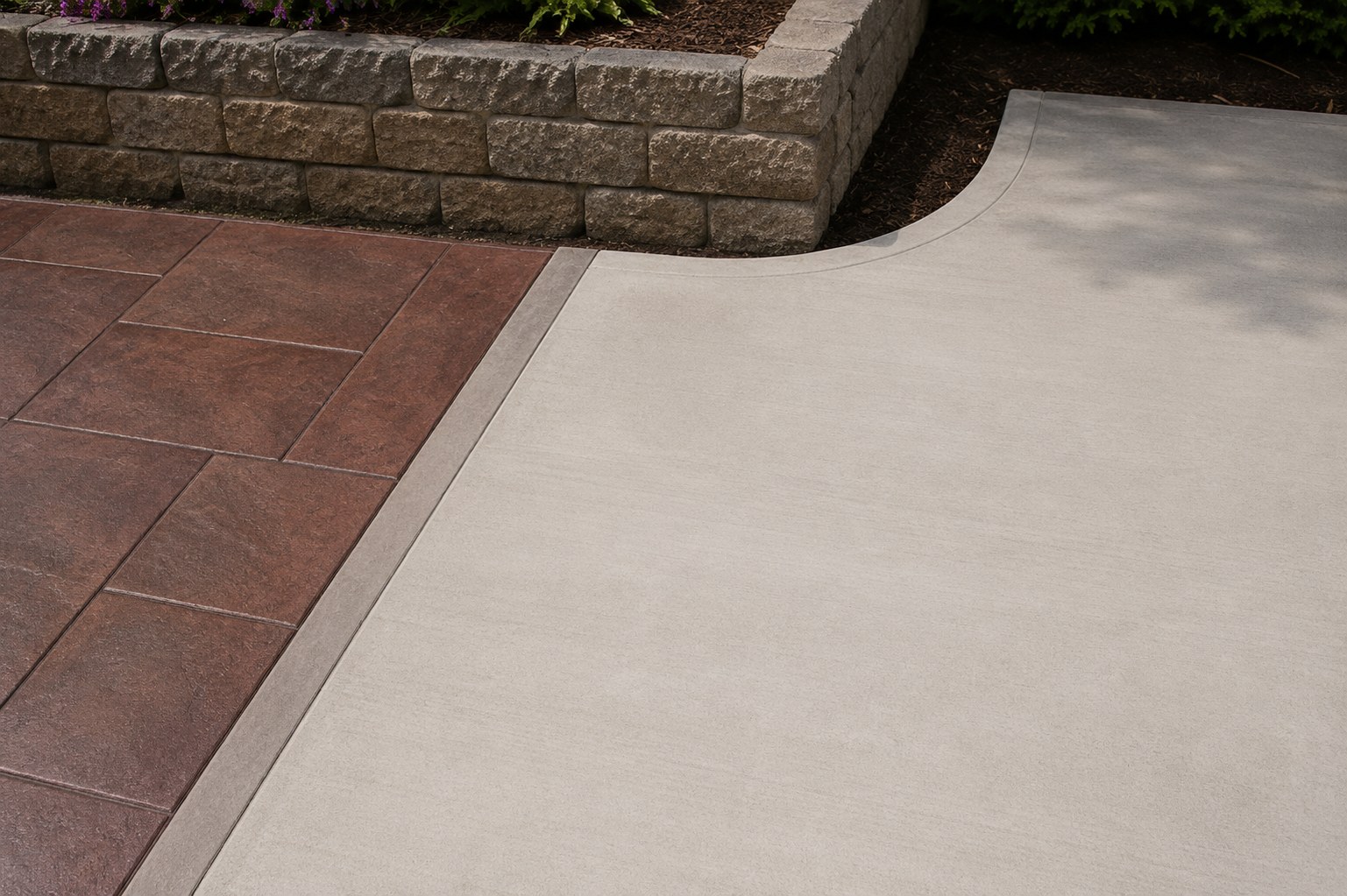 Stamped concrete with broom finish and decorative curved edge Portland OR