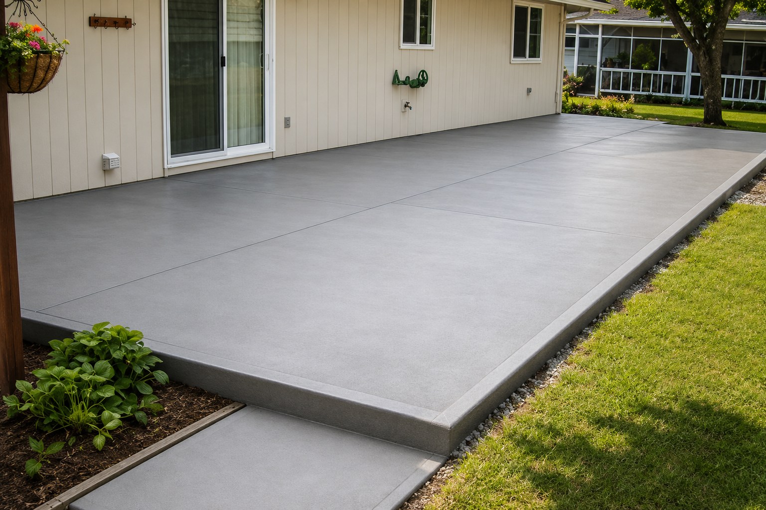 Clean broom finish concrete patio Portland OR residential backyard