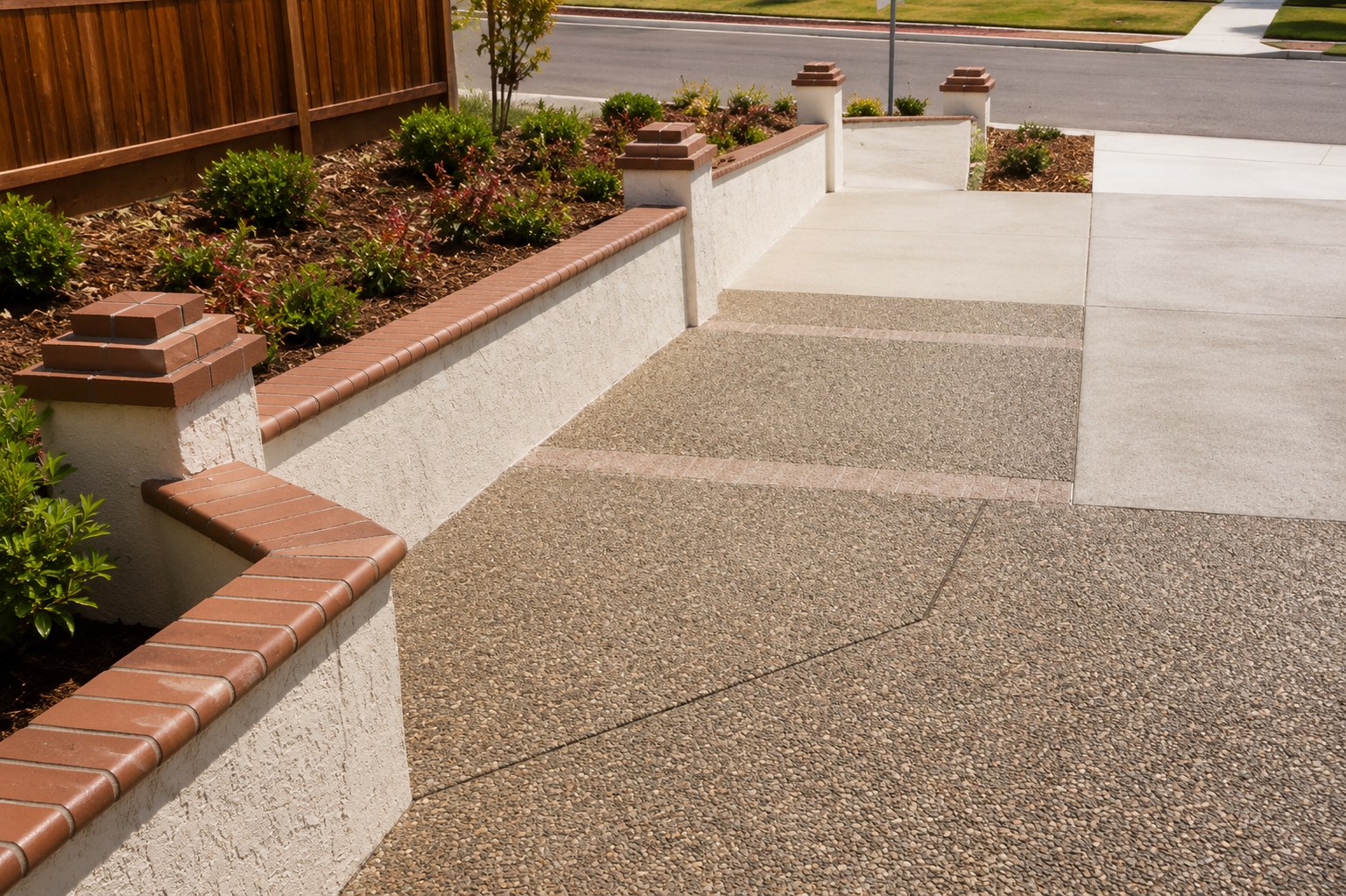 Exposed aggregate concrete driveway with brick dividers and stucco retaining wall Portland OR