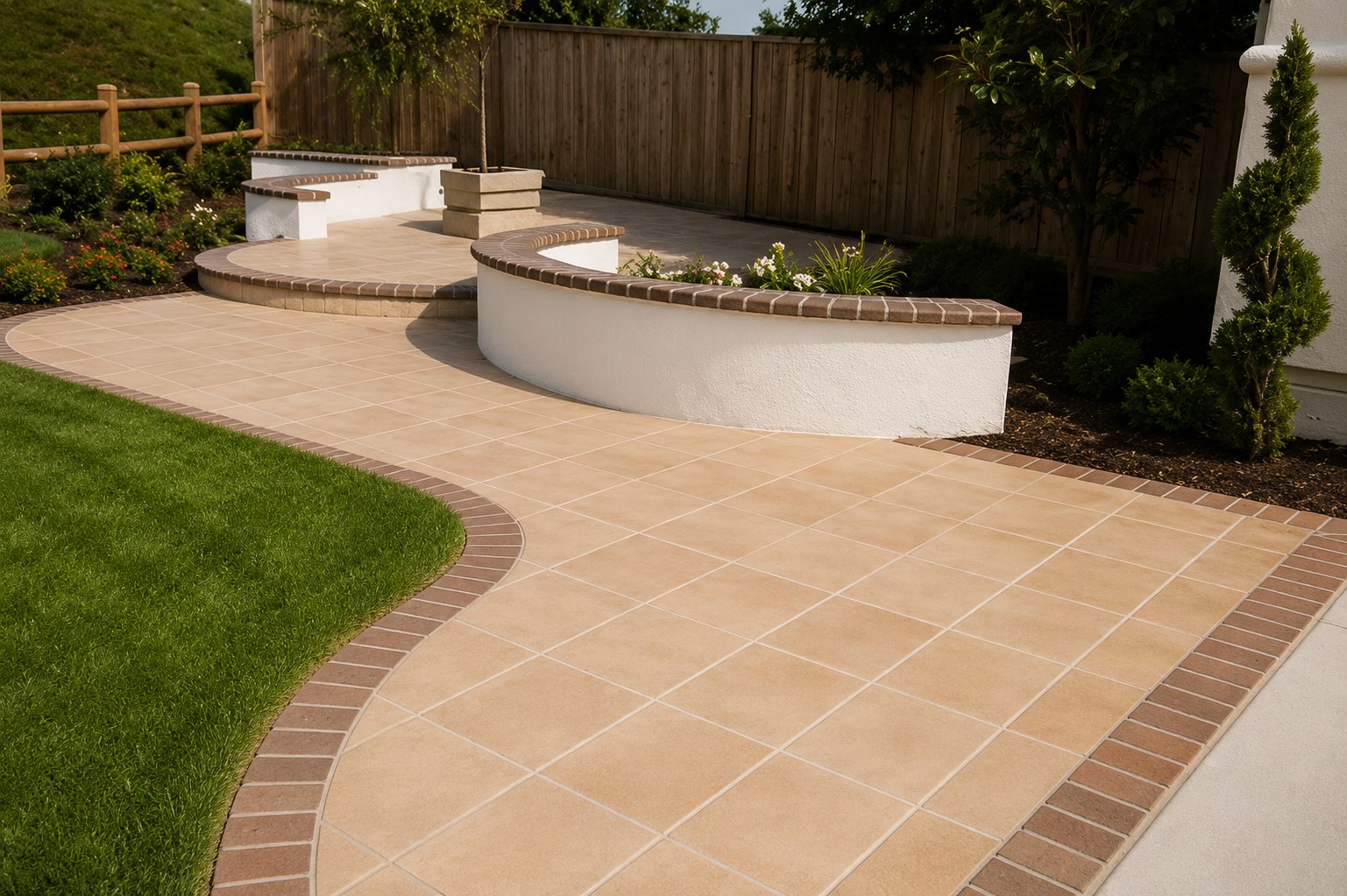 Custom curved concrete bench with brick cap and tile patio Portland OR