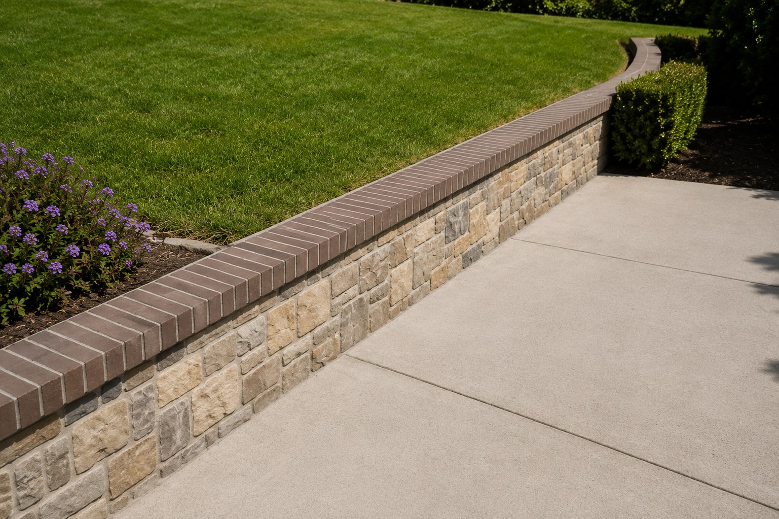 River rock retaining wall with brick cap Portland OR residential