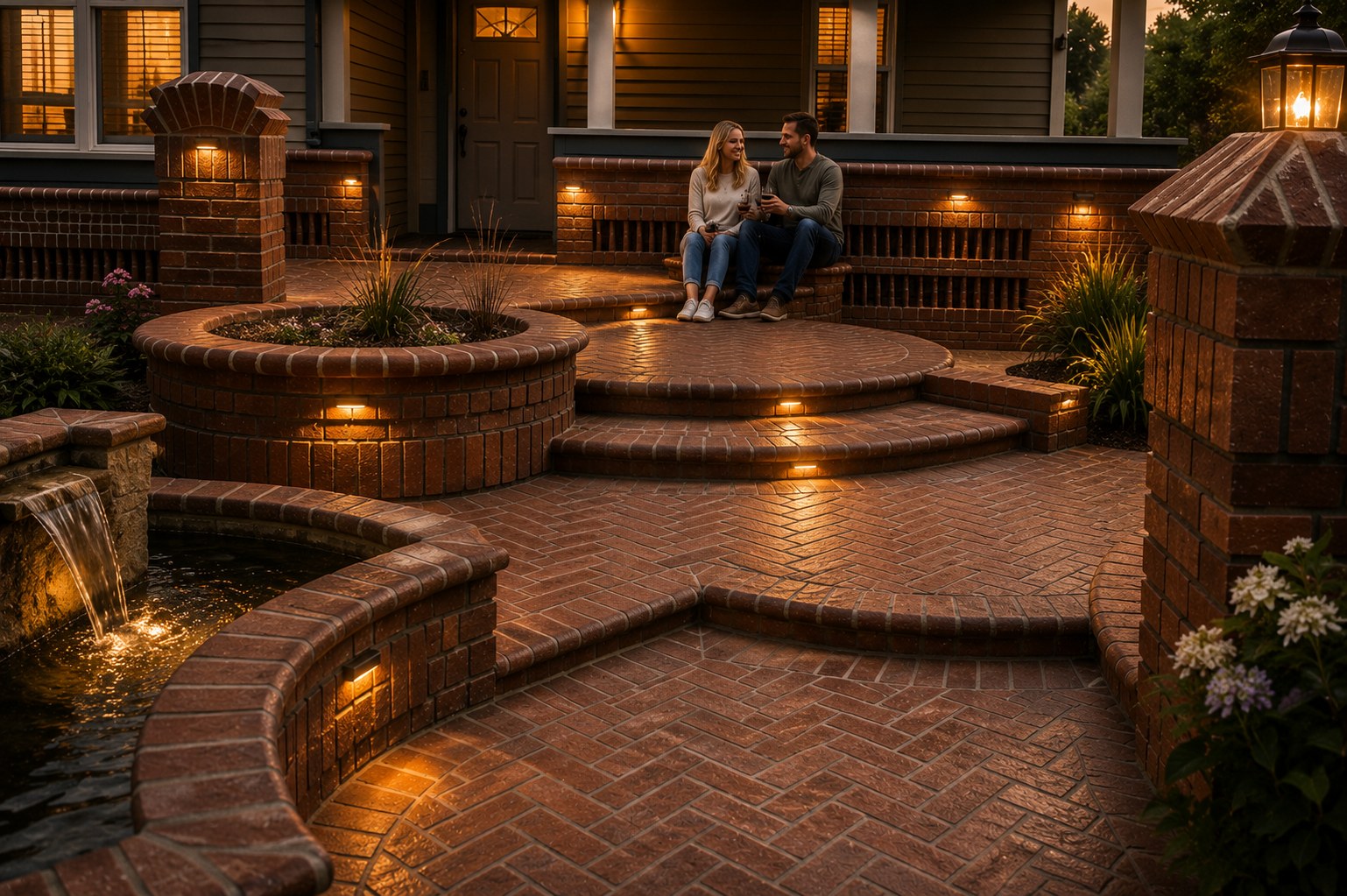 Close detail of herringbone brick patio with curved steps and water feature Portland OR