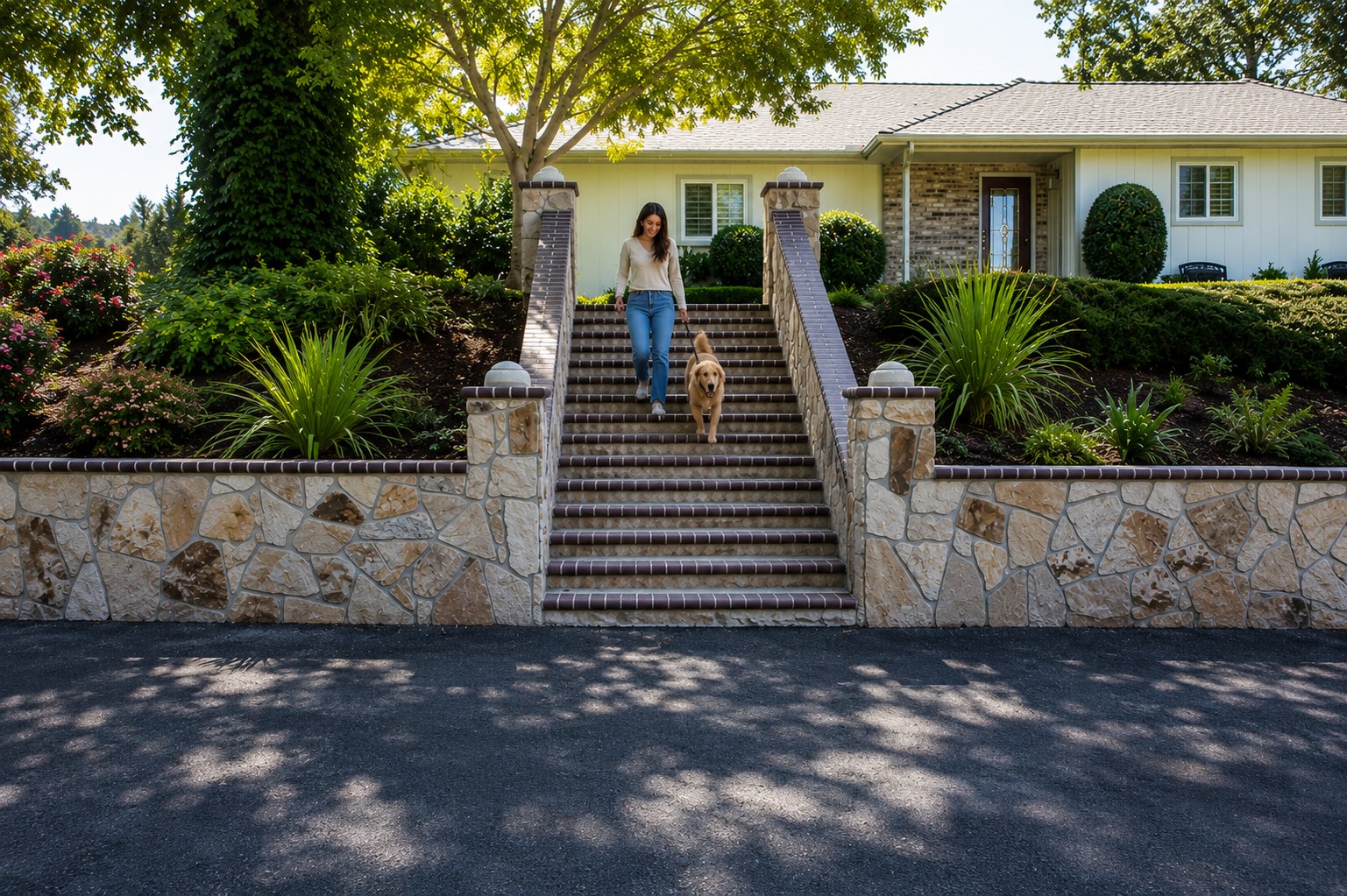Stacked stone and brick steps with black lantern posts daytime Portland OR