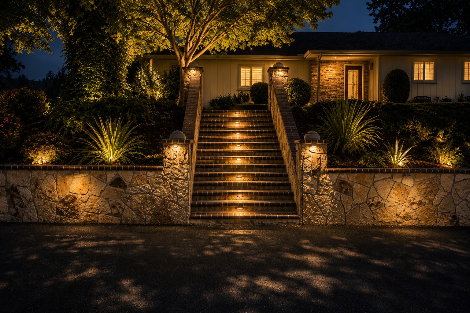 Dramatic stone and brick steps with glowing lantern posts at night Portland OR