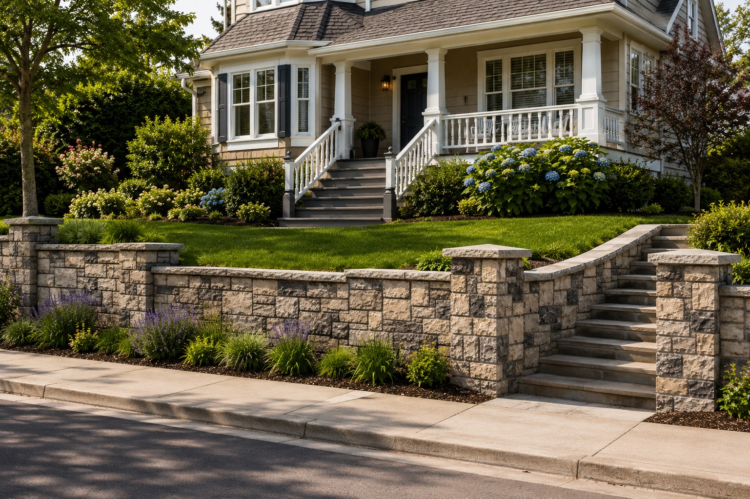 Cultured stone retaining wall with brick cap front yard view Portland OR