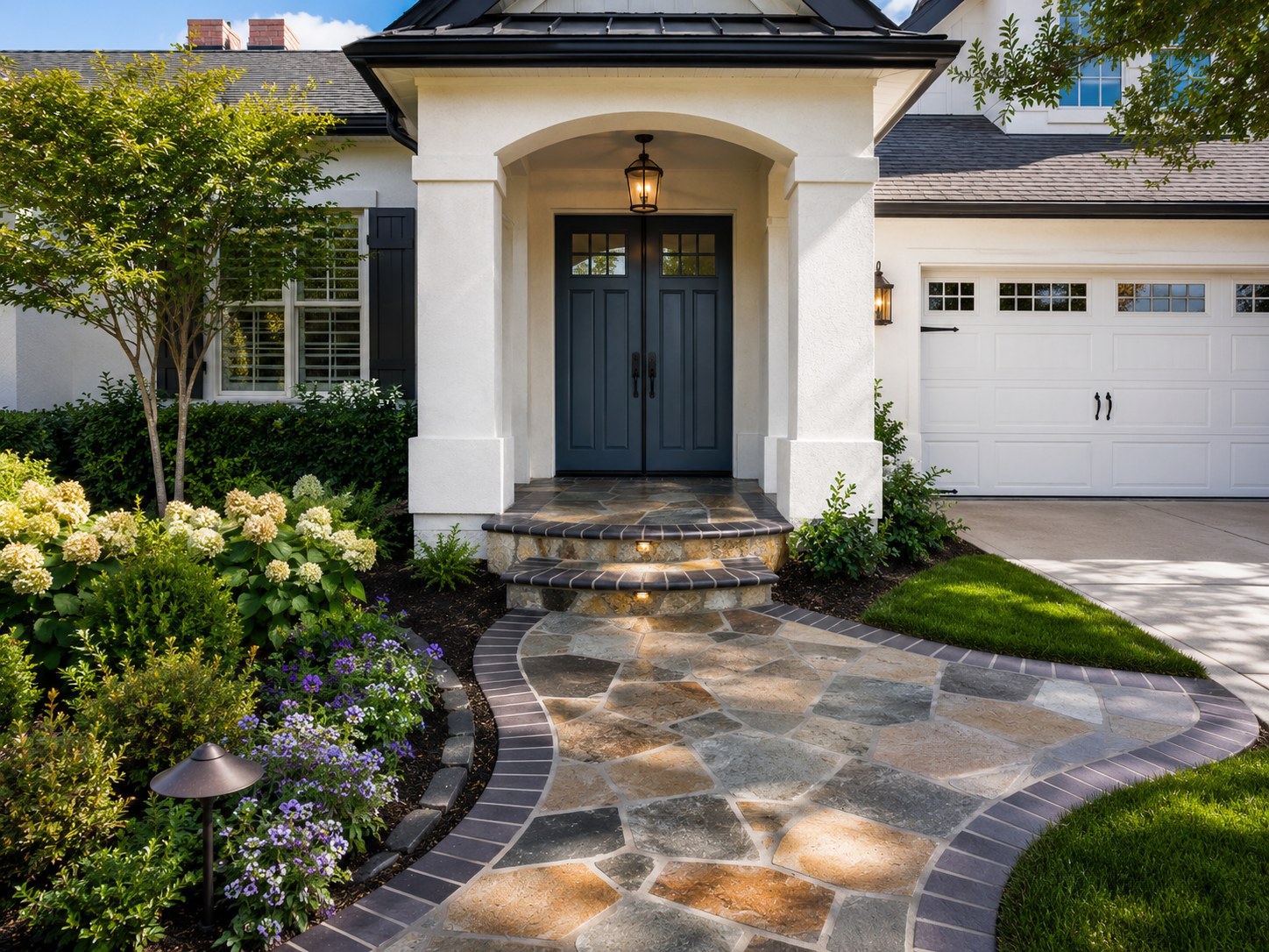Natural flagstone front entry walkway with brick border Portland OR home