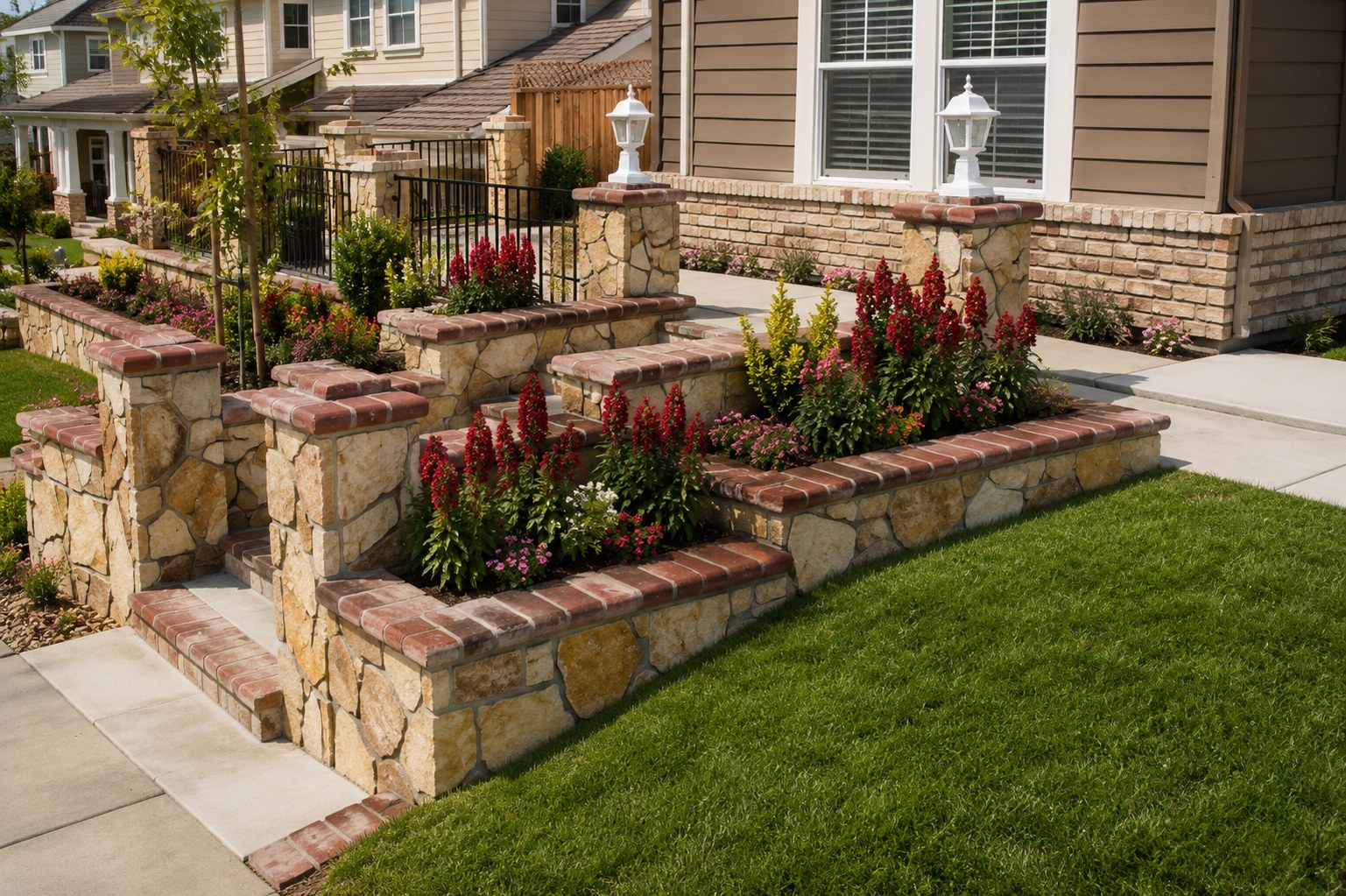 Flagstone planter boxes with brick cap and veneer stone Portland OR