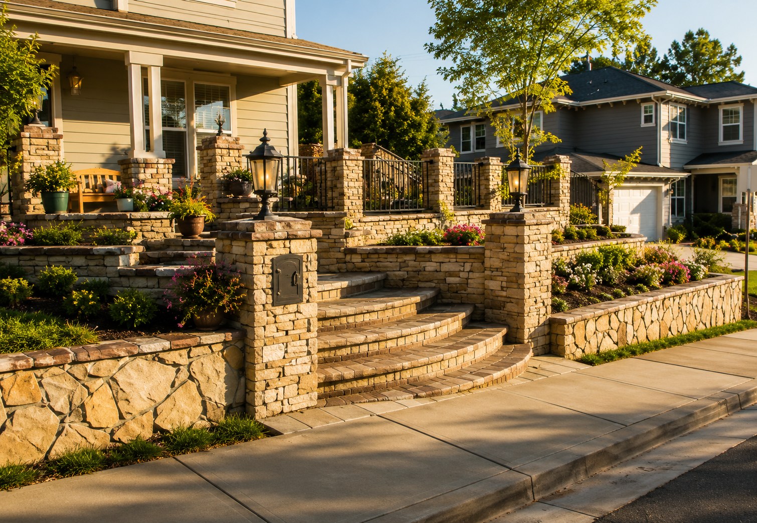 Flagstone retaining wall with brick cap decorative posts and integrated mailbox Portland OR